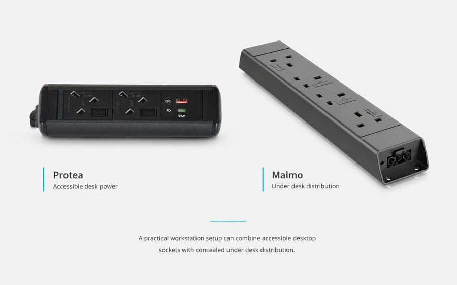 Protea desktop power unit with Malmo under desk power distribution unit