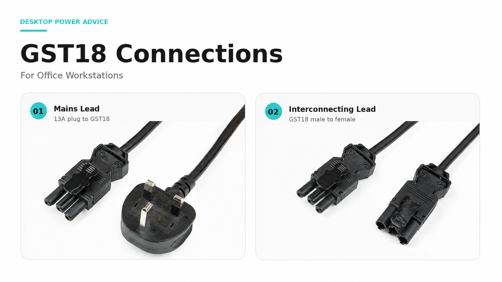 GST18 mains lead and male to female interconnecting cable for office desk power systems