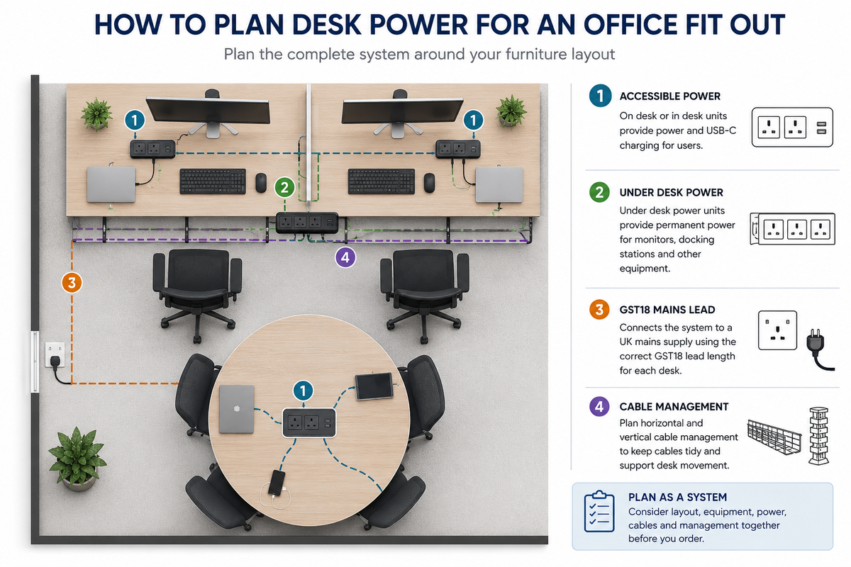 Office fit out desk power planning diagram showing accessible power, under desk power, GST18 supply and cable management