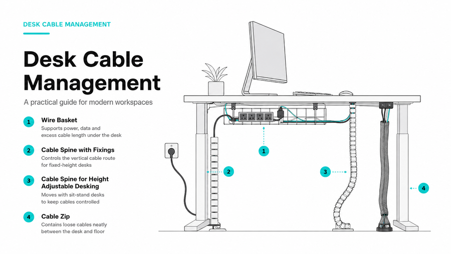 Desk cable management diagram showing wire basket, cable spines and Cable Zip